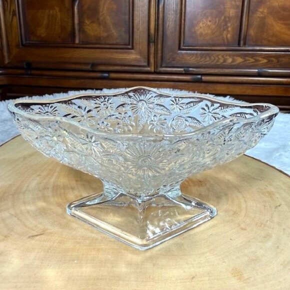 Other - Vintage Floral Cut Diamond Shape Scalloped Edge Crystal Pedestal Dish